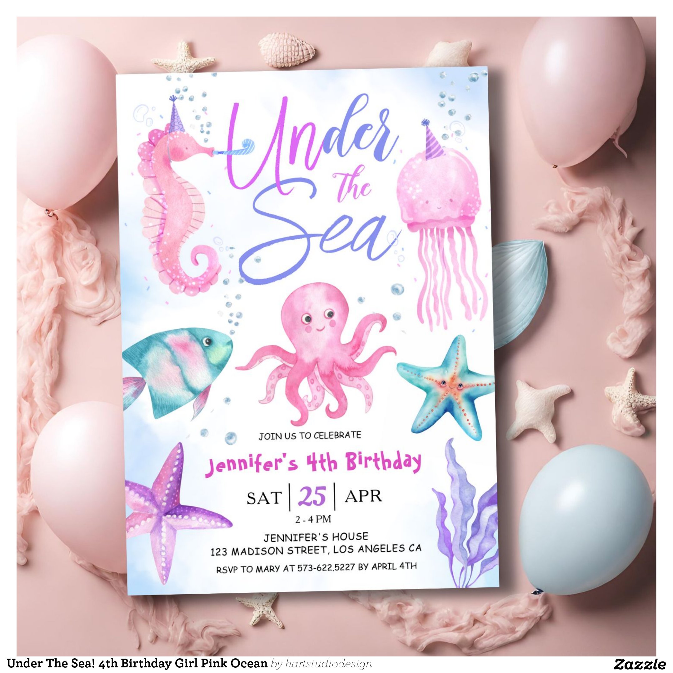 Under The Sea! 4th Birthday Girl Pink Ocean Invitation