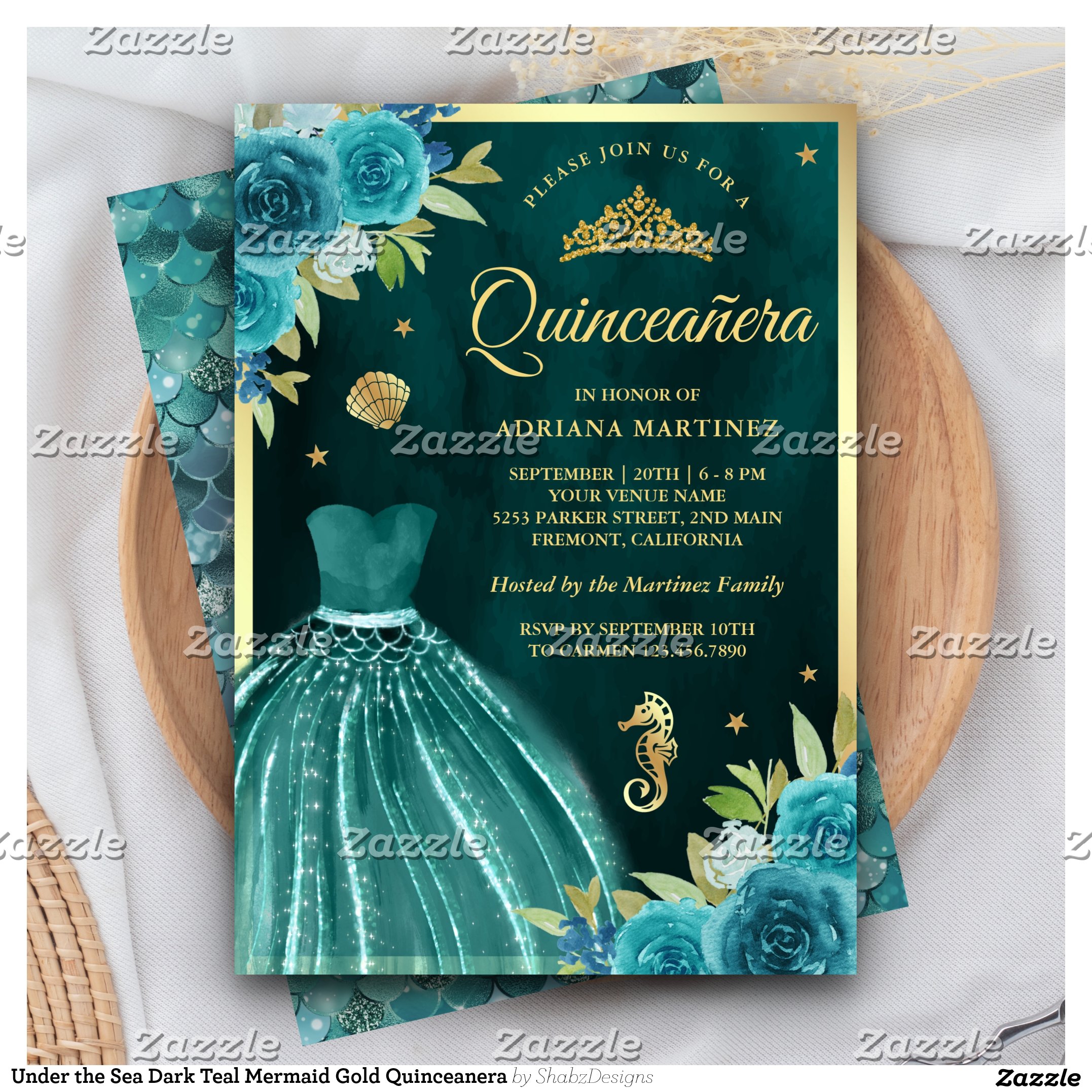 Under the Sea Dark Teal Mermaid Gold Quinceanera Invitation