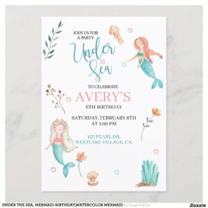 UNDER THE SEA, MERMAID BIRTHDAY,WATERCOLOR MERMAID INVITATION