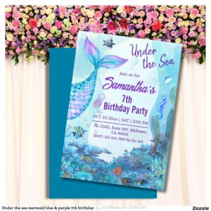 Under the sea mermaid blue & purple 7th birthday invitation