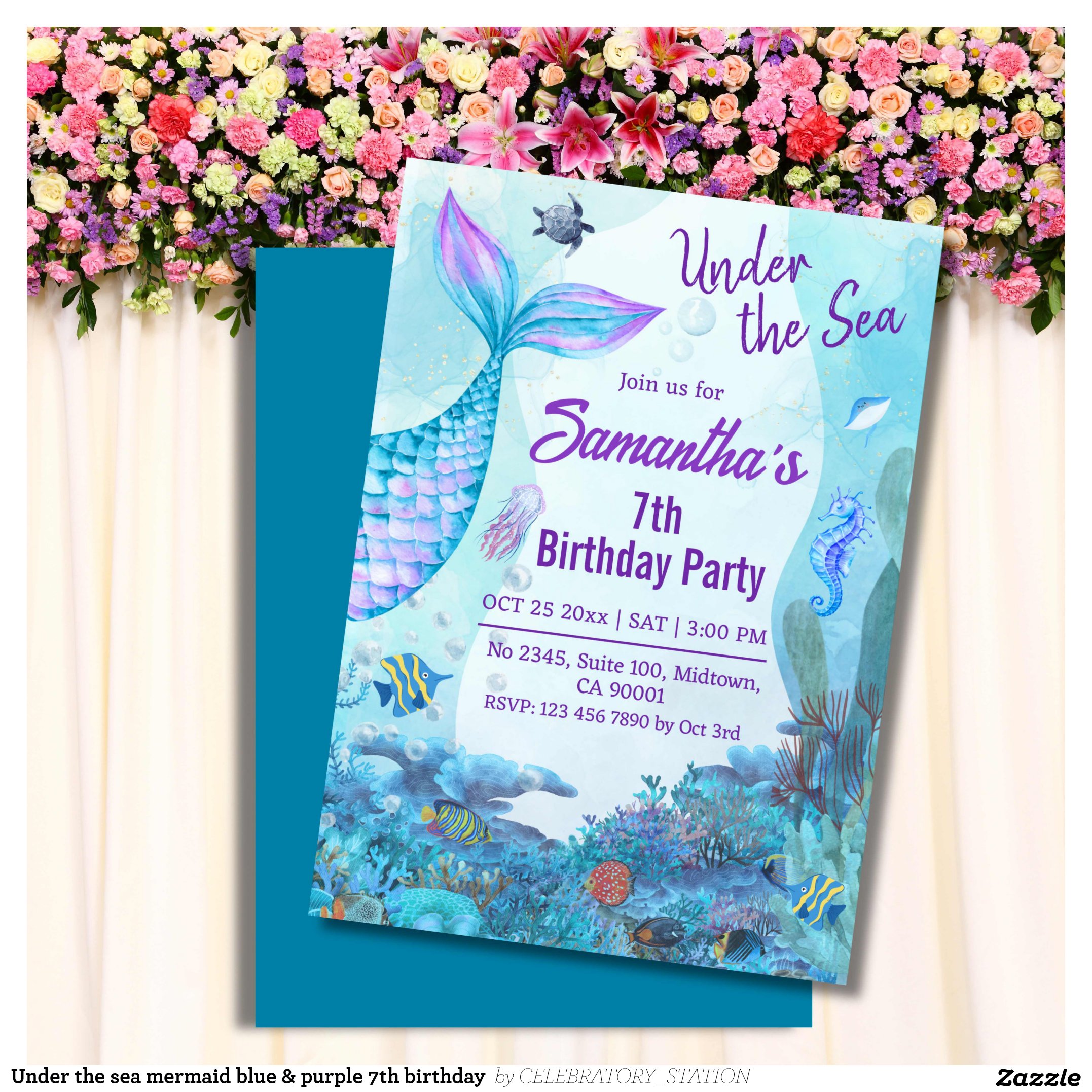 Under the sea mermaid blue & purple 7th birthday  invitation