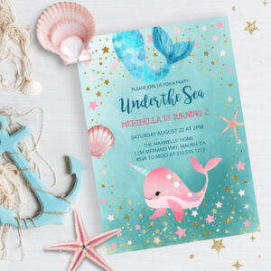 Under the Sea Mermaid Narwhal Birthday Invitation