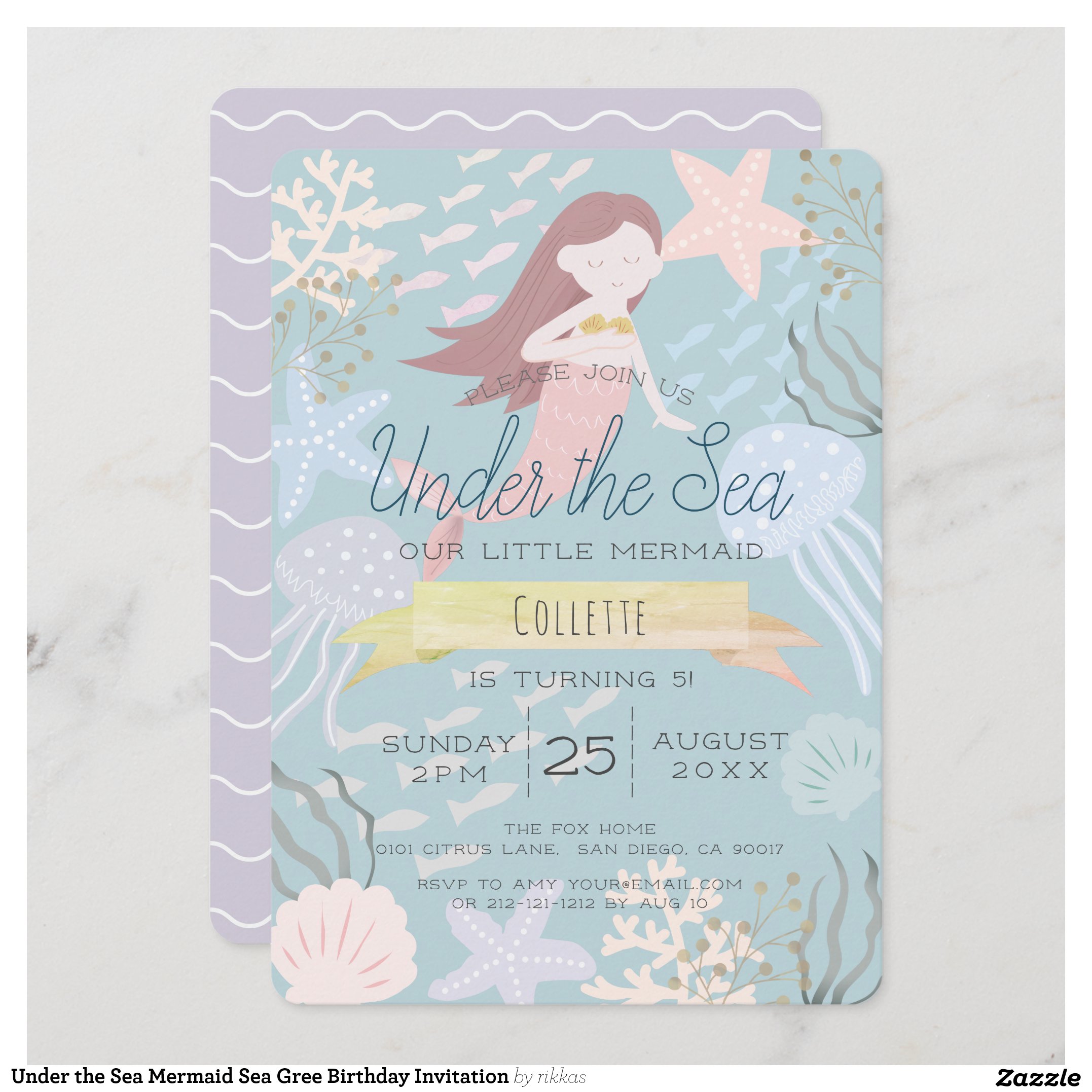 Under the Sea Mermaid Sea Gree Birthday Invitation