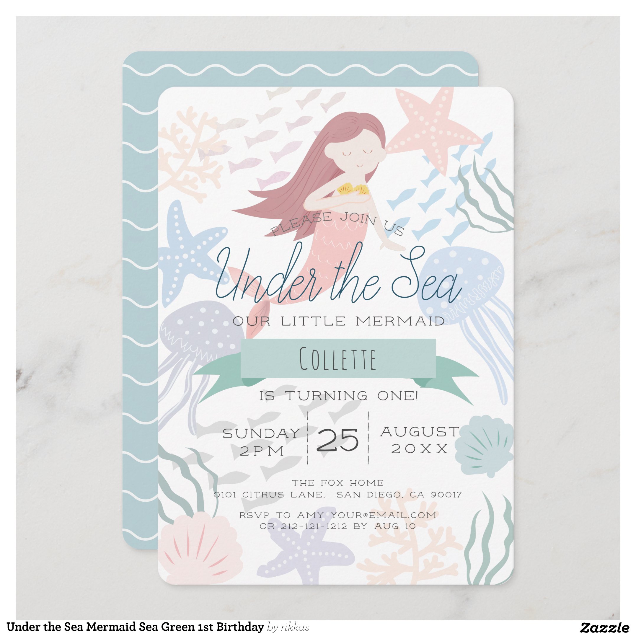 Under the Sea Mermaid Sea Green 1st Birthday Invitation