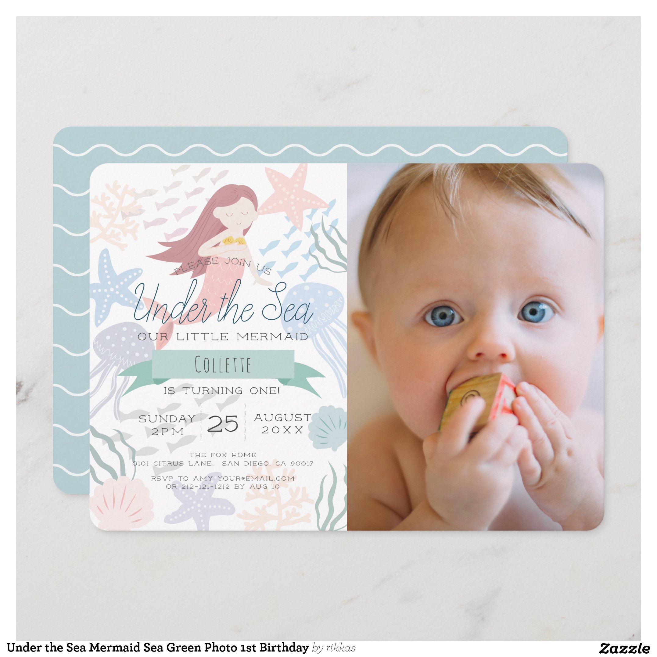 Under the Sea Mermaid Sea Green Photo 1st Birthday Invitation