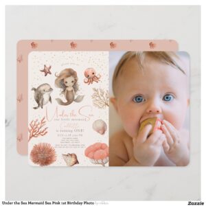 Under the Sea Mermaid Sea Pink 1st Birthday Photo Invitation