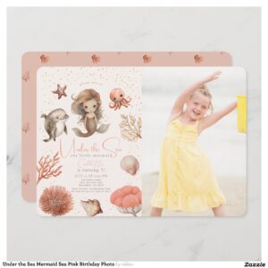 Under the Sea Mermaid Sea Pink Birthday Photo Invitation