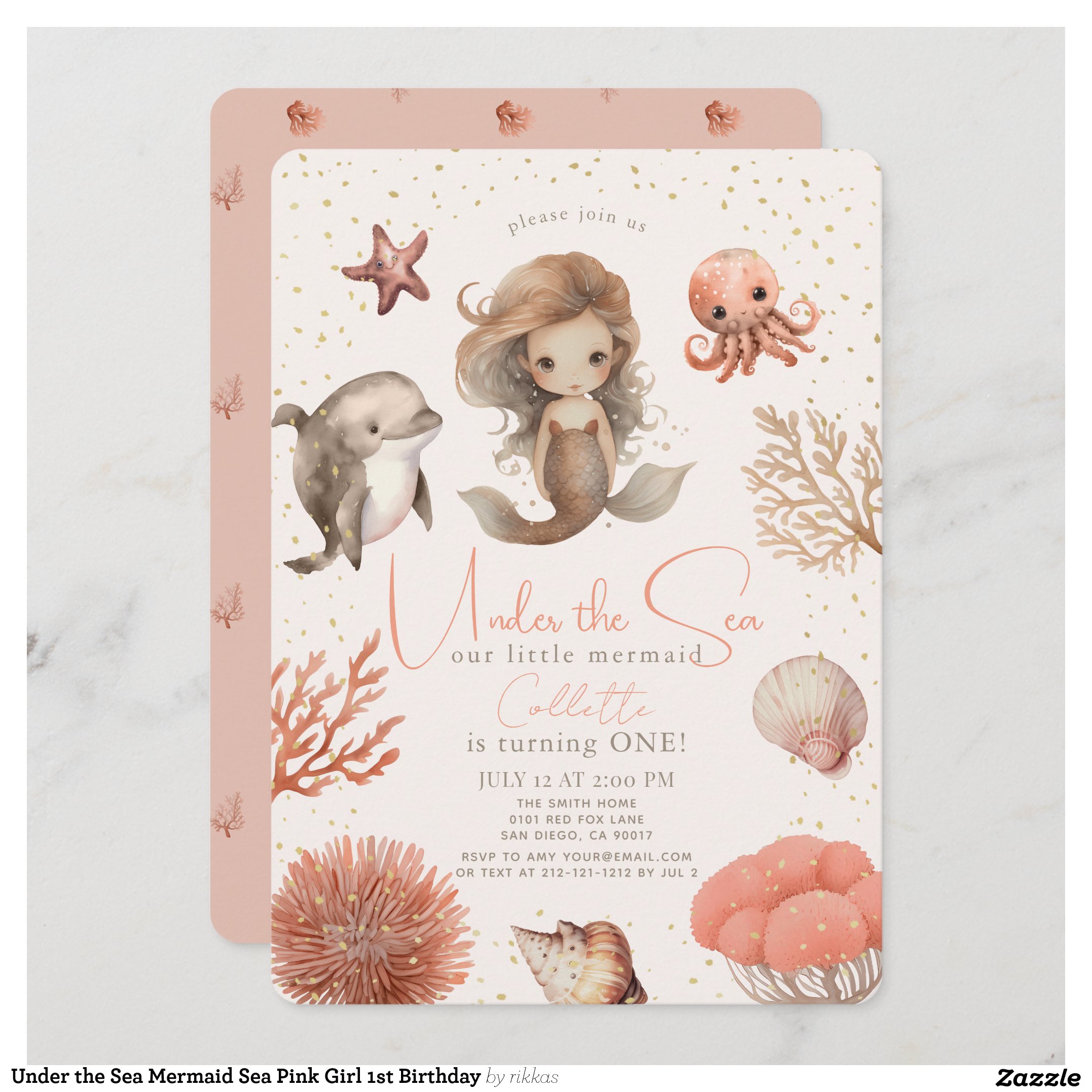 Under the Sea Mermaid Sea Pink Girl 1st Birthday Invitation