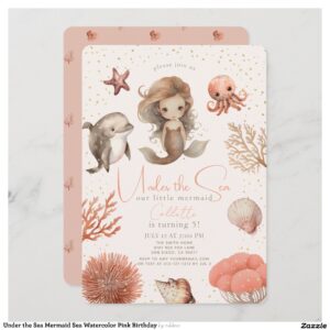 Under the Sea Mermaid Sea Watercolor Pink Birthday Invitation