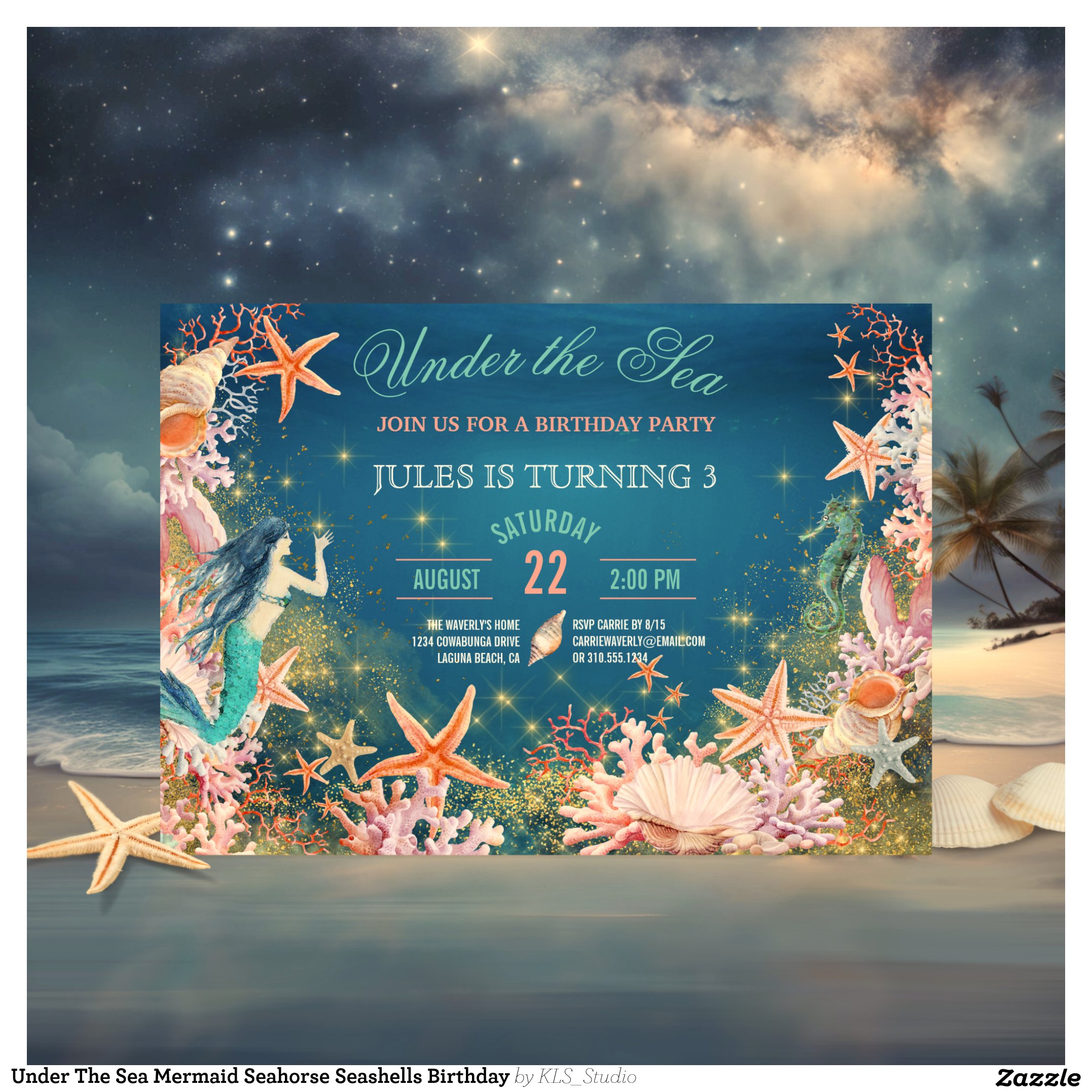 Under The Sea Mermaid Seahorse Seashells Birthday Invitation