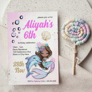 Under the Sea Mermaid Themed 6th Birthday Invitation