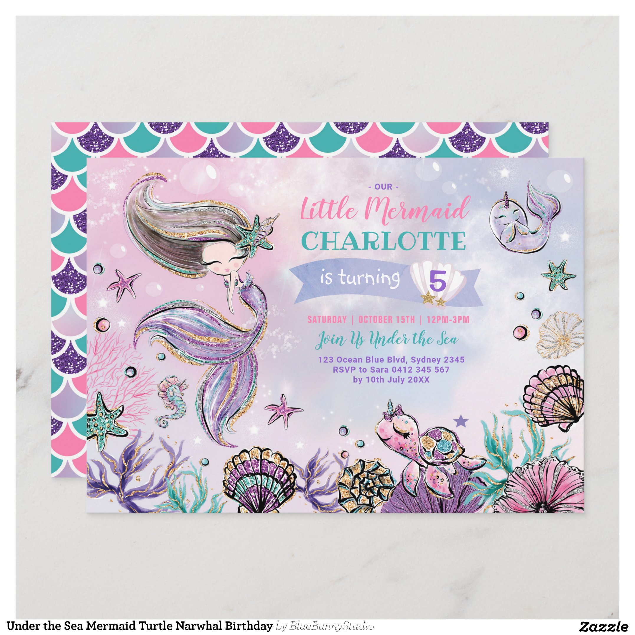 Under the Sea Mermaid Turtle Narwhal Birthday Invitation