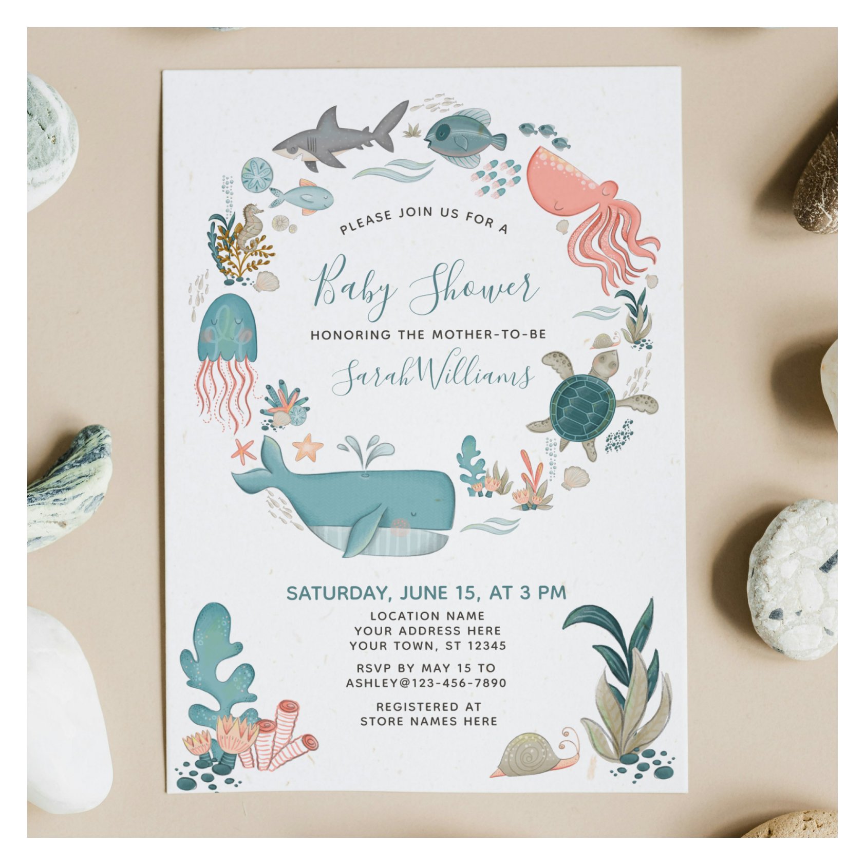 Under the Sea Ocean Animals Baby Shower Script Invitation