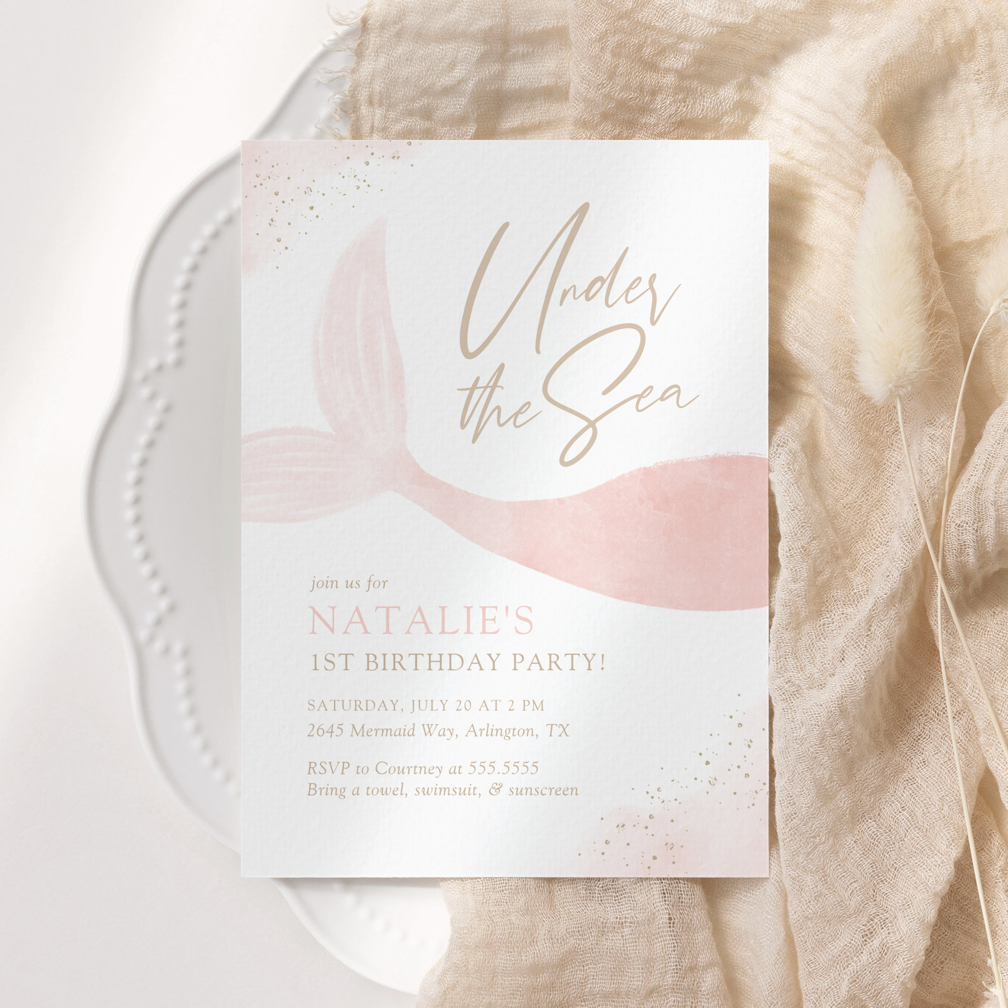 Under the Sea Pink Mermaid Girl Birthday Party Invitation