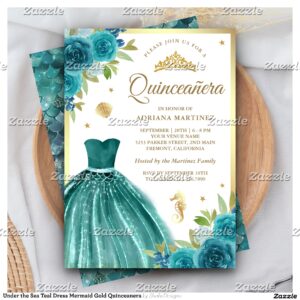 Under the Sea Teal Dress Mermaid Gold Quinceanera Invitation