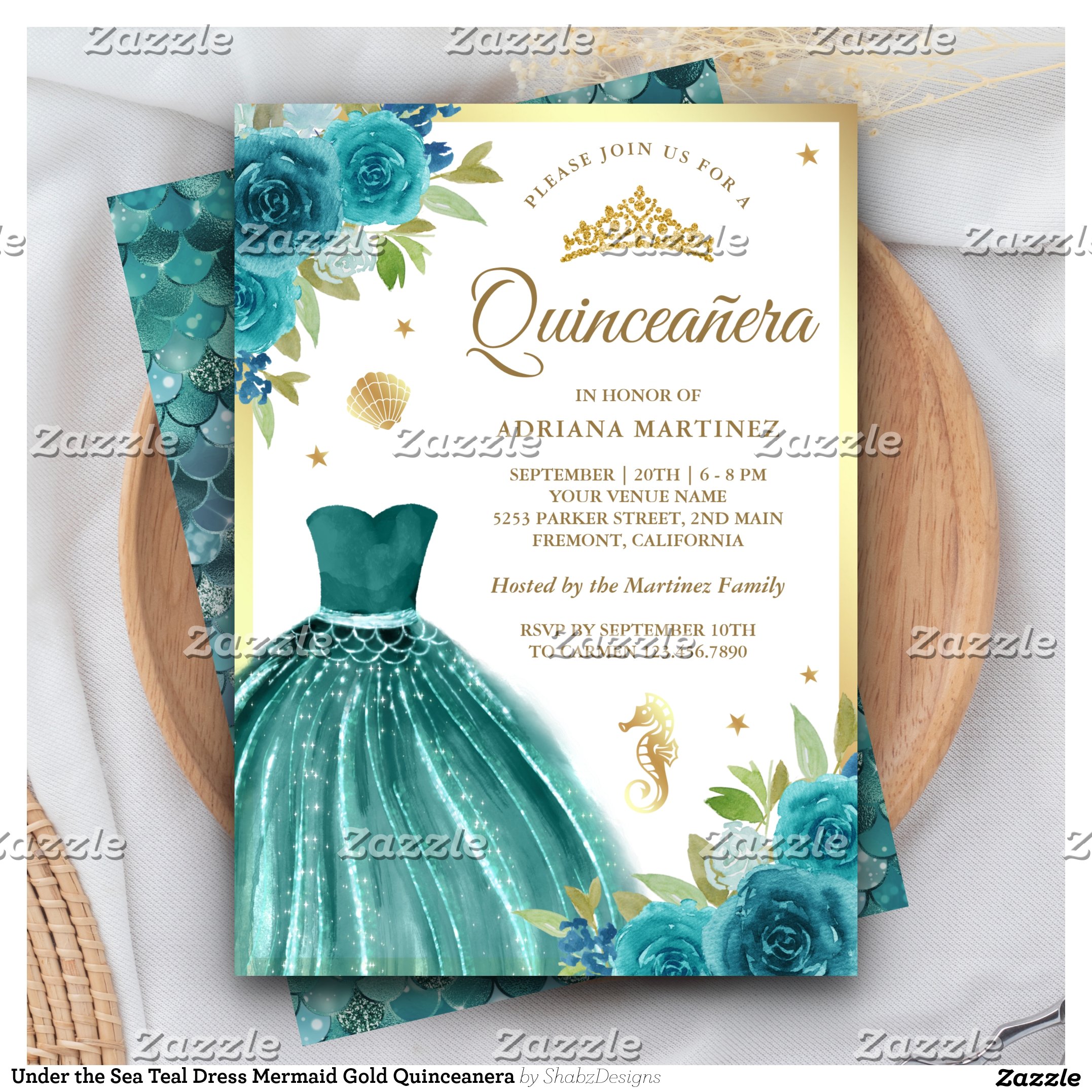 Under the Sea Teal Dress Mermaid Gold Quinceanera Invitation