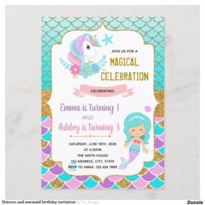Unicorn and mermaid birthday invitation