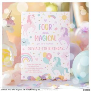 Unicorn Four Ever Magical 4th Party Birthday Party Invitation
