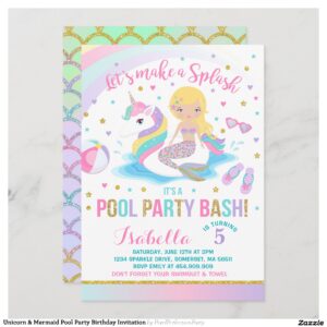 Unicorn & Mermaid Pool Party Birthday Invitation