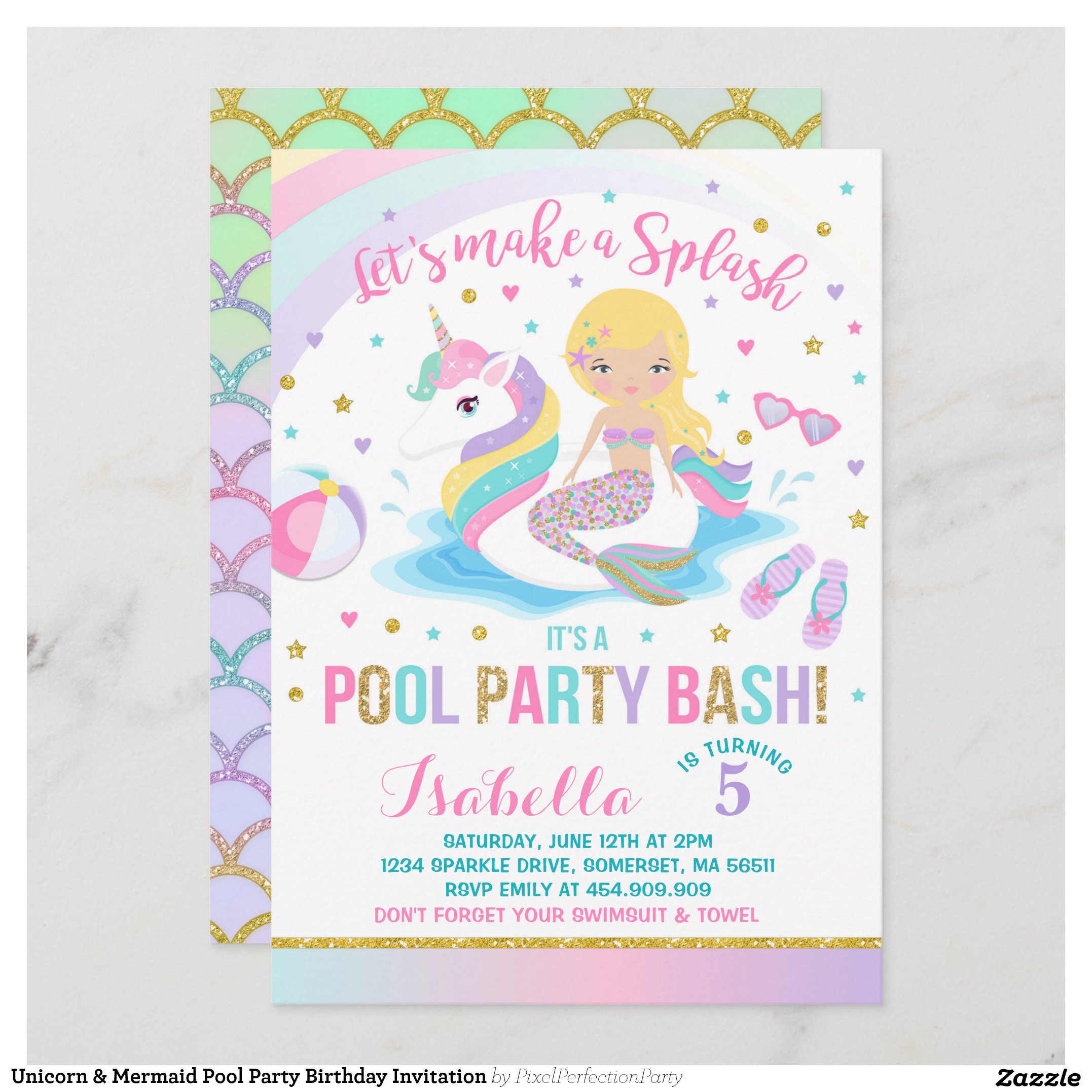 Unicorn & Mermaid Pool Party Birthday Invitation