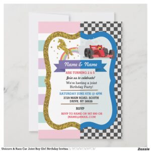 Unicorn & Race Car Joint Boy Girl Birthday Invites