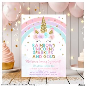 Unicorn Rainbow Pink Gold Sparkles Birthday Invitation