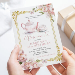 Victorian Pink Peony Butterfly Birthday Tea Party Invitation