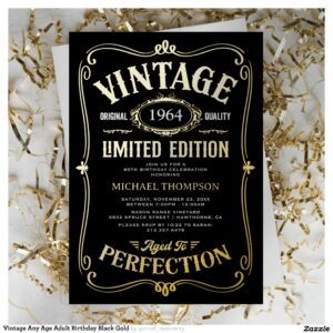 Vintage Any Age Adult Birthday Black Gold Foil Invitation