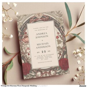 Vintage Art Nouveau Floral Burgundy Wedding Invitation