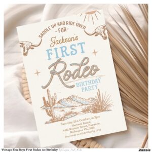 Vintage Blue Boys First Rodeo 1st Birthday Invitation