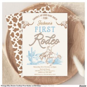 Vintage Blue Brown Cowboy First Rodeo 1st Birthday Invitation