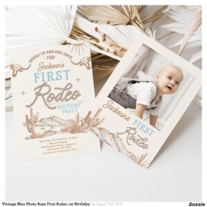 Vintage Blue Photo Boys First Rodeo 1st Birthday Invitation