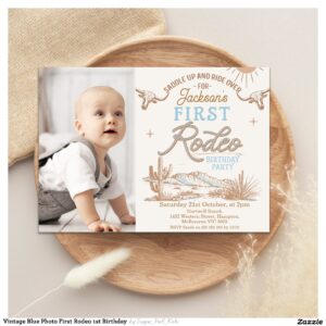Vintage Blue Photo First Rodeo 1st Birthday Invitation