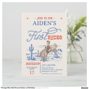 Vintage Blue Red Bronco Rodeo 1st Birthday Invitation