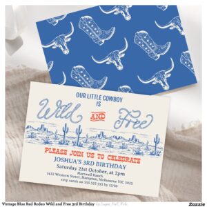 Vintage Blue Red Rodeo Wild and Free 3rd Birthday  Invitation