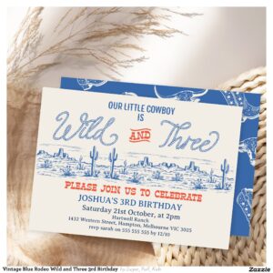 Vintage Blue Rodeo Wild and Three 3rd Birthday  Invitation
