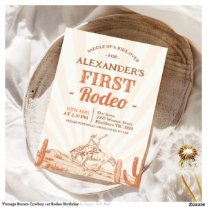 Vintage Brown Cowboy 1st Rodeo Birthday Invitation