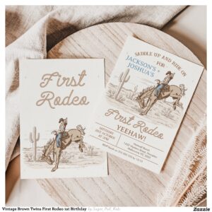 Vintage Brown Twins First Rodeo 1st Birthday  Invitation