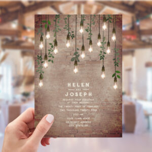 Vintage Lightbulbs Rustic Brick Botanical Wedding Invitation