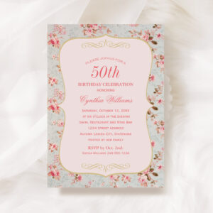 Vintage Pink Floral Garden Party 50th Birthday Invitation