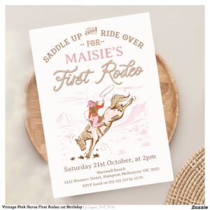 Vintage Pink Horse First Rodeo 1st Birthday Invitation