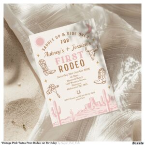 Vintage Pink Twins First Rodeo 1st Birthday Invitation