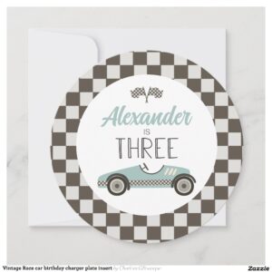 Vintage Race car birthday charger plate insert Invitation