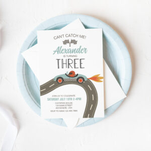 Vintage Race Car blue Third Birthday Invitation