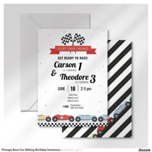Vintage Race Car Sibling Birthday Invitation