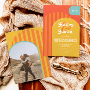 Vintage retro 70s terracotta arch photo wedding invitation