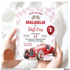 Vintage Retro Red Race Car Fast One 1st Birthday Invitation