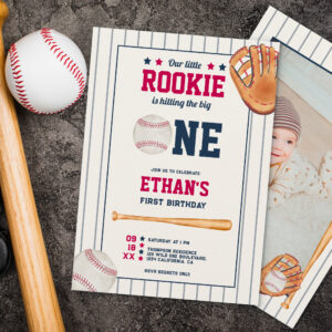 Vintage rookie baseball red blue 1st birthday invitation