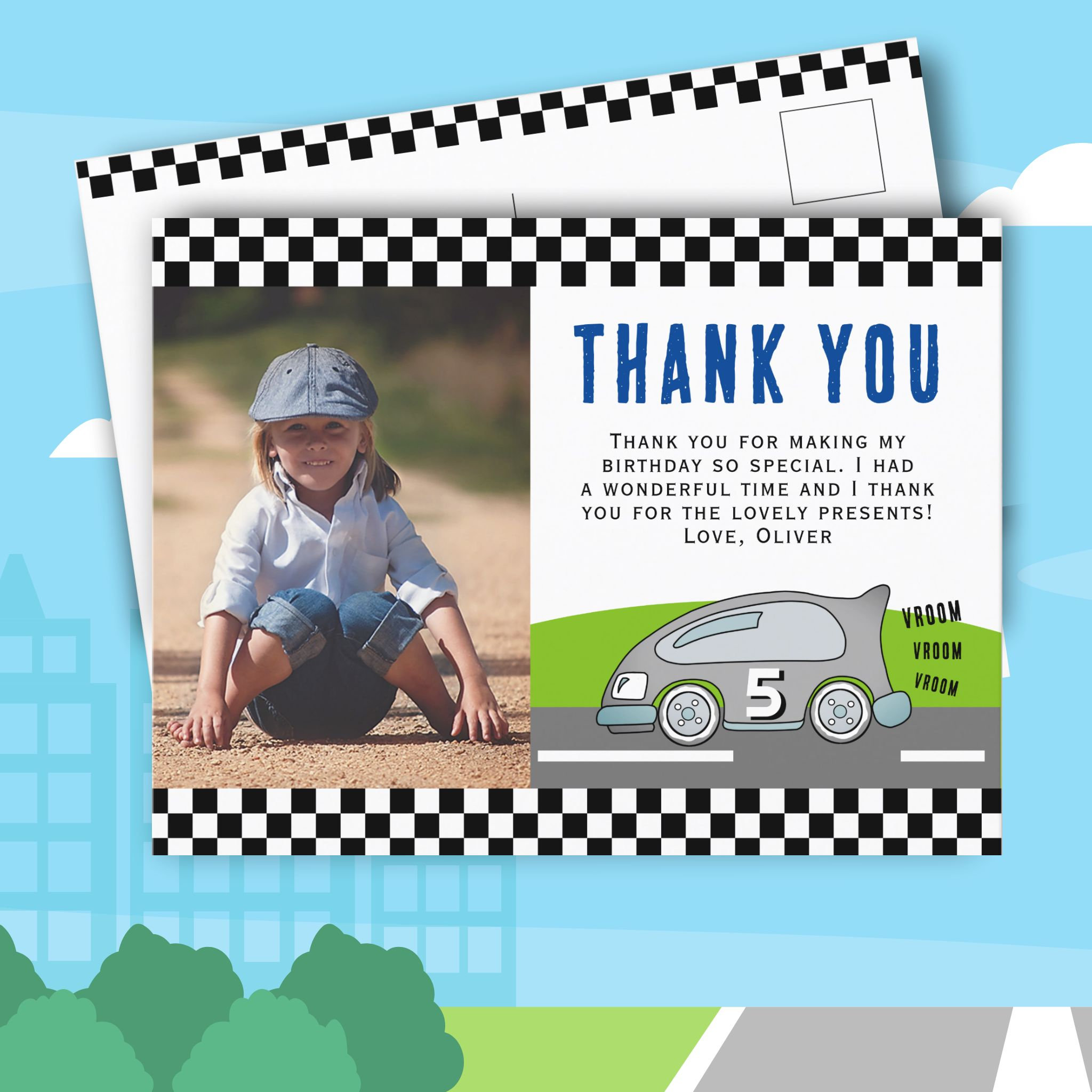 Vroom Racing Car Road Boy Photo Birthday Thank you Postcard