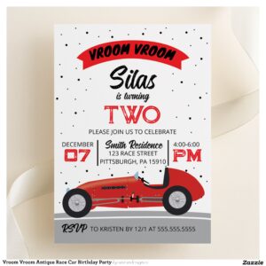 Vroom Vroom Antique Race Car Birthday Party Invitation